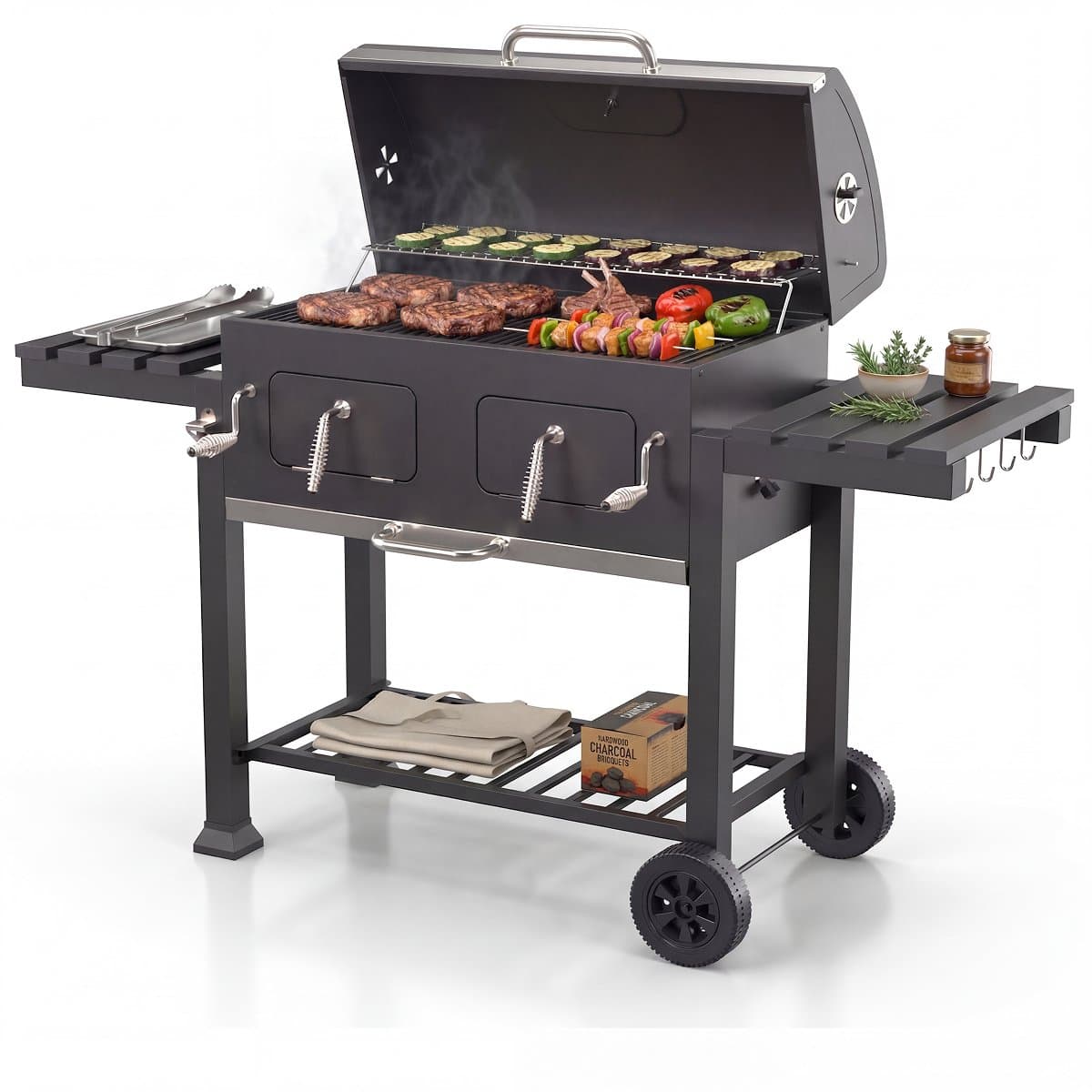 KitchenBrothers Houtskool BBQ XL - Dual Zone Smoker Barbecue - Met Verstelbare Kolenroosters & Inklapbare Zijtafels - PFAS-vrij - 42,3x75,8cm Grilloppervlak - Zwart — afbeelding 1