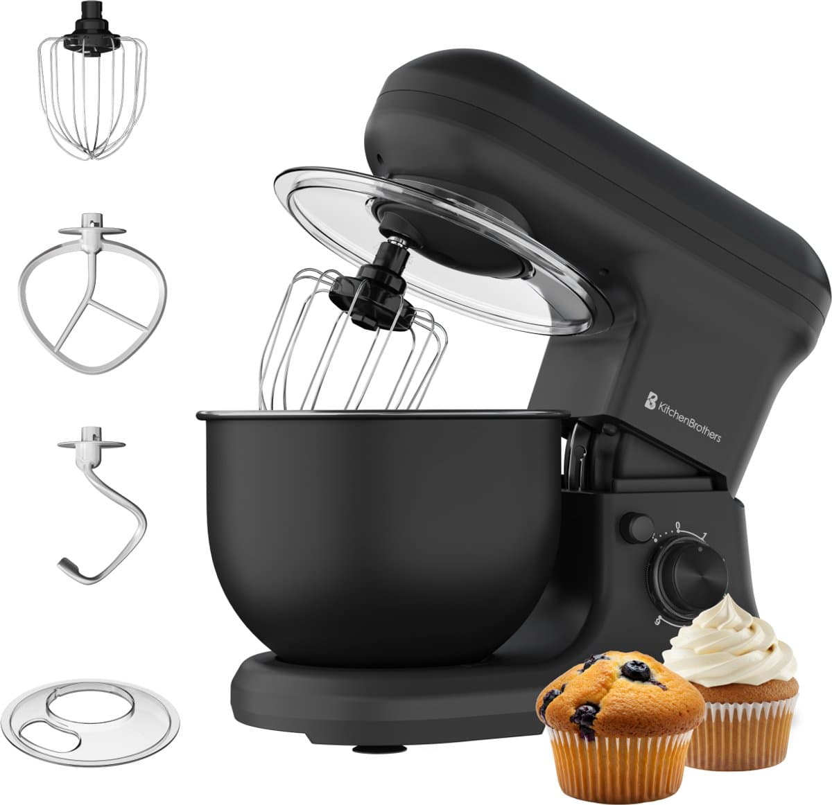 KitchenBrothers 1200W Keukenmachine - Keukenrobot - 5L - Mixer met Mengkom - BPA-vrij Keukenmixer - Matzwart — afbeelding 1
