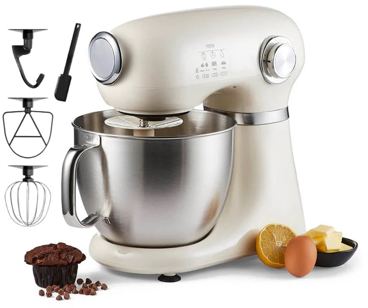 Swiss Haus® KM2005 Keukenmachine – 1000W Keukenrobot – 5L RVS Mengkom met Handgreep – 12 Snelheden – Retro Design – Multifunctionele Keukenmixer met Accessoires - Crème — afbeelding 1