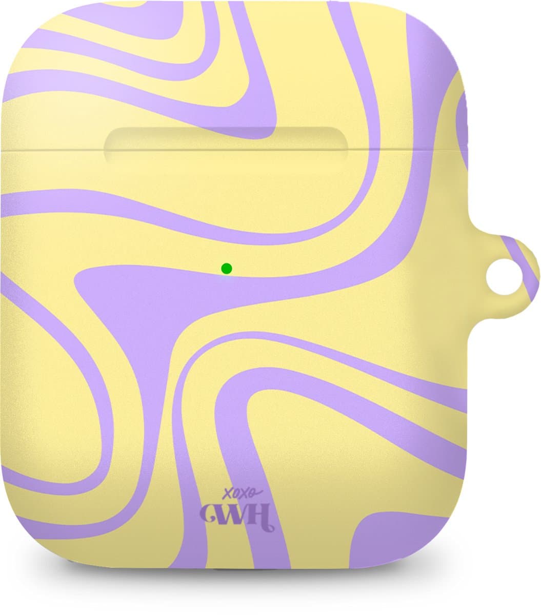xoxo Wildhearts hoesje geschikt voor Airpods 1/2 - Sunny Side Up - Ook als telefoonhoesje verkrijgbaar - schokbestendige case geschikt voor Airpod 1 en 2 - koptelefoon case - Beschermhoes met golvende print - golven - geel / paars — afbeelding 1