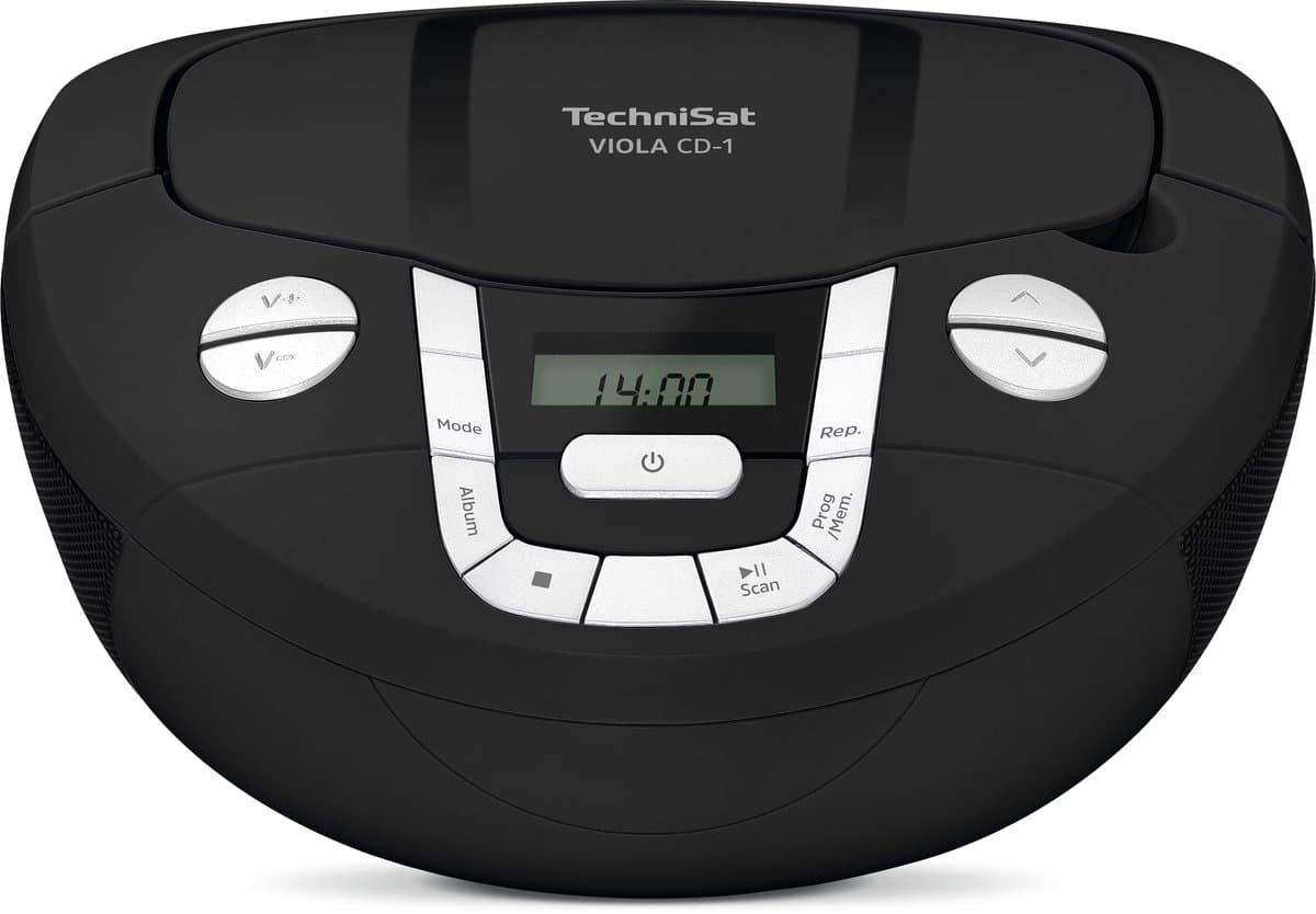 TechniSat VIOLA CD-1 - draagbare stereo cd-speler, Boombox met praktische draaggreep (radio voor kinderen, FM-radiotuner, Bluetooth-ontvangst, 2 x 1 W RMS-vermogen, net- en batterijvoeding) zwart — afbeelding 1