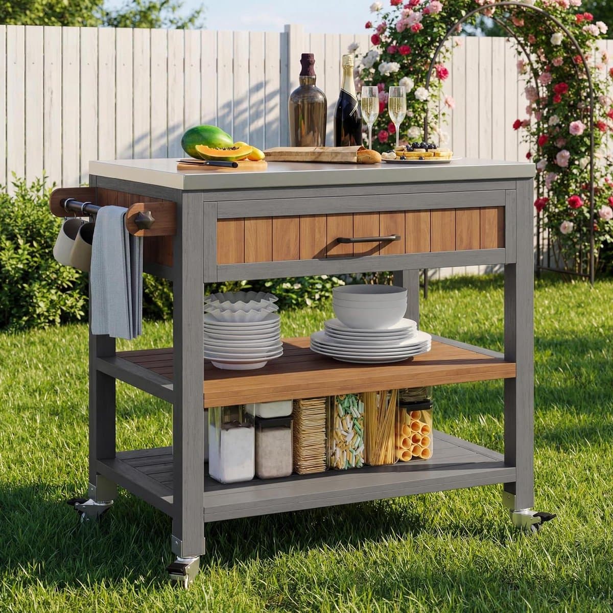 Tuinkast met werkblad - Buitenkast Grillstation - Buiten koken - Met RVS werkblad - 80x51x91.5cm - Houtkleurig — afbeelding 1