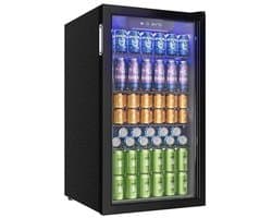 Novendo Goods - Drankenkoelkast 90L met glazen deur - Minibar voor 126 blikjes met LED en temperatuurregeling - Wijn en bier koelkast - Zwart RVS