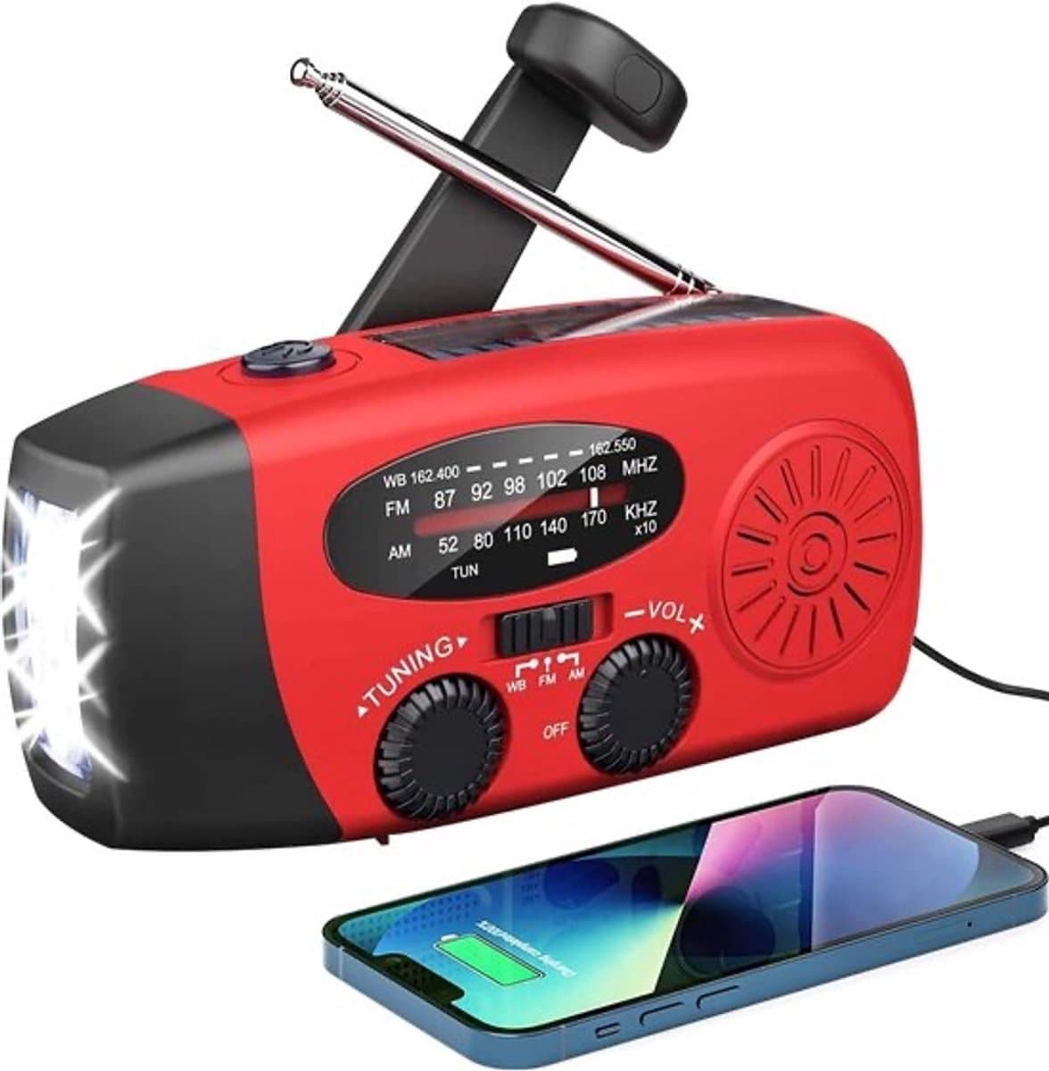 Noodio Noodradio - 2026 MODEL - 3 LEDS - Noodradio Opwindbaar - SOS alarm - 2000 mAh - Radio Met Accu Batterij Voor Noodsituaties - Noodpakket - Draagbare radio - Solar - Zaklamp - Powerbank - Noodradio Op Batterijen - Rood - Voor Rampen/Camping — afbeelding 1