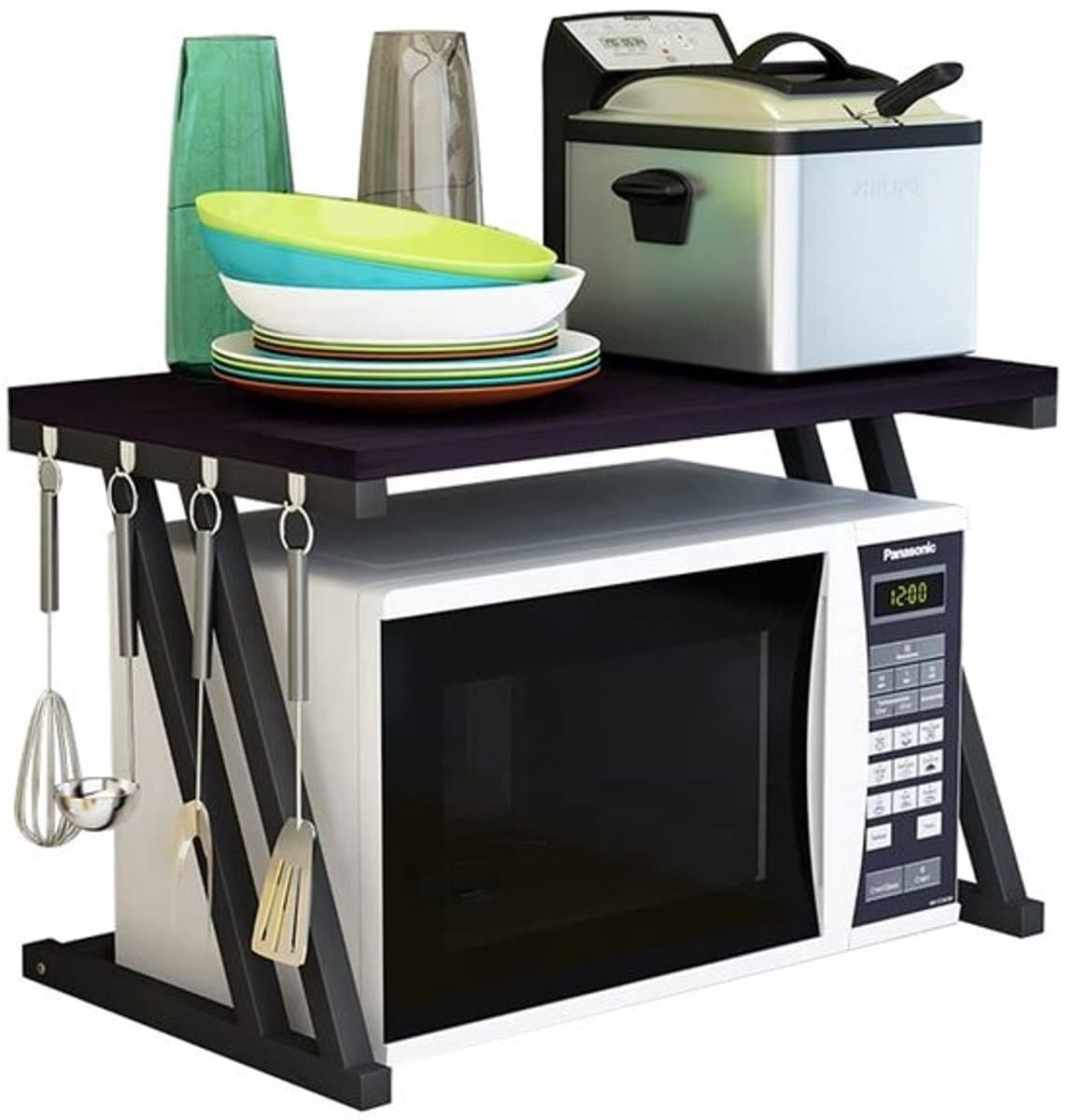 Mikrowave Houten Rek met Haken - Kookgerei en Opslagrek voor Keuken (57 x 38 x 38 cm) — afbeelding 1