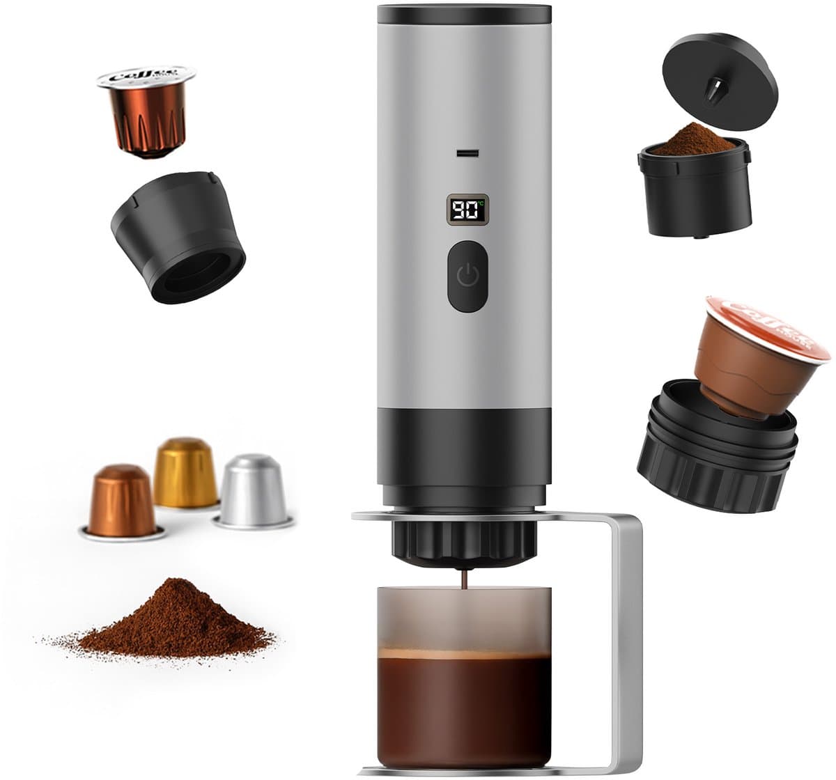 Draagbaar Koffiezetapparaat voor Onderweg van MMOBIEL - 12 Volt Portable Koffiemaker Camping met Standaard - Oplaadbaar USB-C - Koffiecups & Gemalen Koffie Espresso,Lungo, Nespresso, Camping Gadget — afbeelding 1