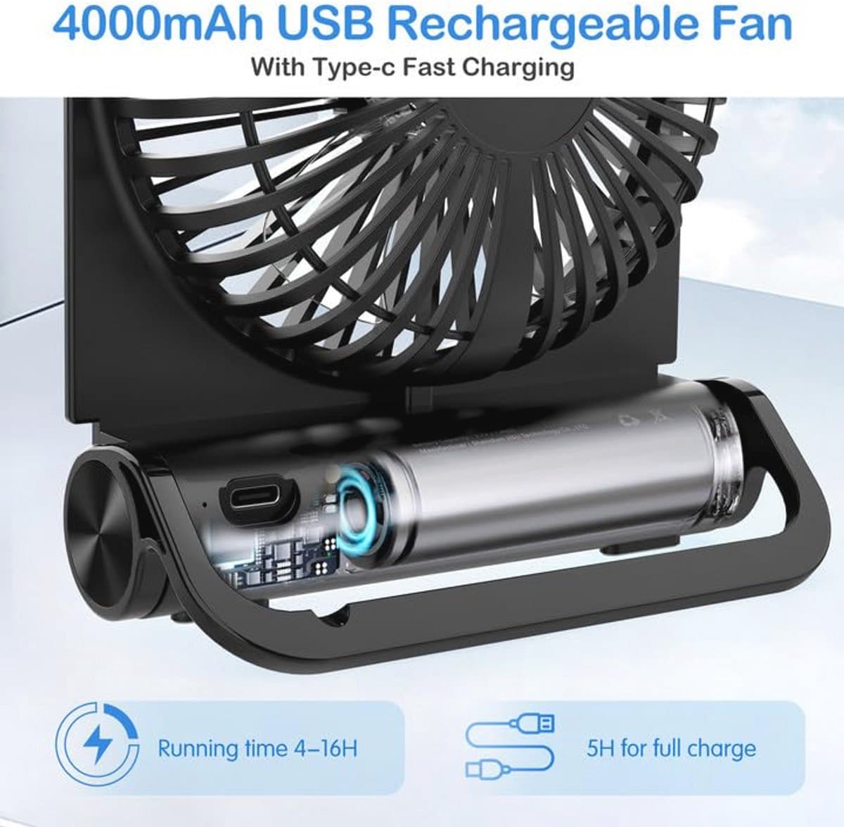 Bureauventilator Klein en Stille, Draagbare USB-oplaadbare Ventilator met 4000mAh Accu en 4 Snelheden voor Kantoor, Camping en Reizen — afbeelding 1