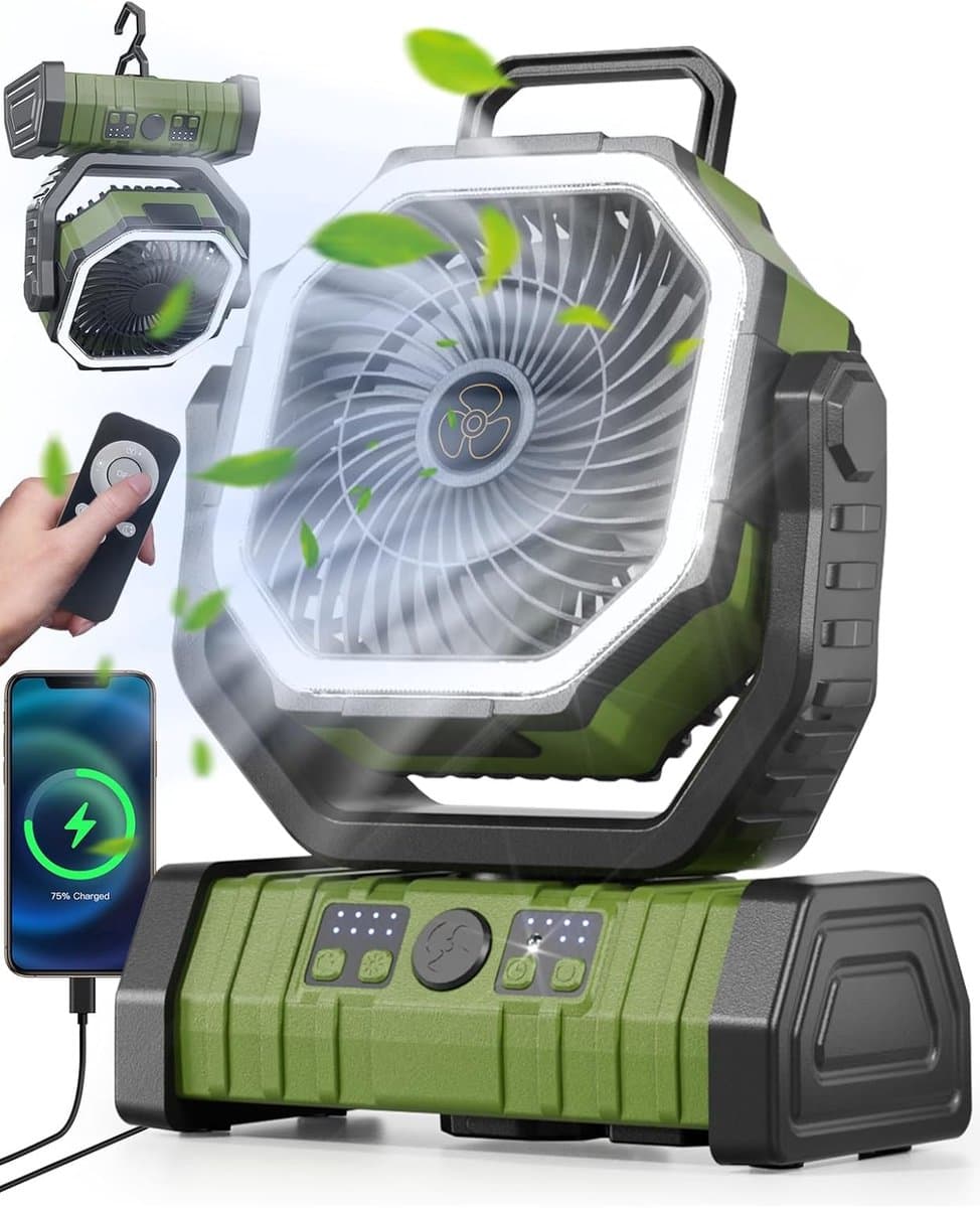 Ventilator met LED-lantaarn voor Camping en Outdoor Activiteiten - 4 Snelheden, Stil, USB Oplaadbaar — afbeelding 1