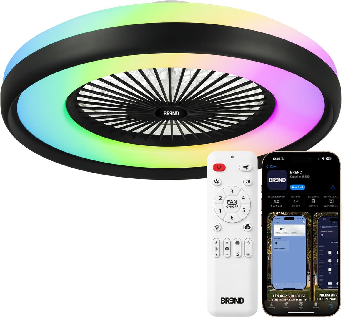 Slimme Plafondlamp met Ventilator – Plafondventilator met App en Afstandsbediening - 4800 Lumen - RGB - 6 Snelheden - BREND BR-2253 — afbeelding 1