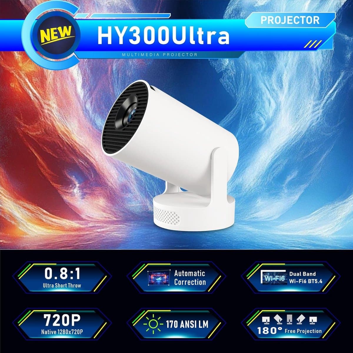 SnelShoppen - HY300 PRO Mini Projector, Draagbare 4K 1080P Projector met Android 11, WiFi 6, Bluetooth 5.0, Airplay & Miracast Ondersteuning voor Thui — afbeelding 1
