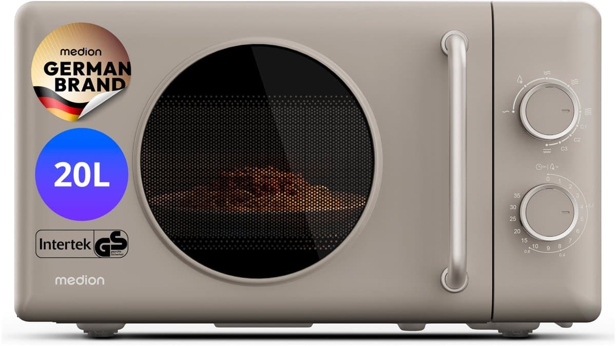 MEDION Retro magnetron met grill - 20 L - zandbeige | 800 watt, 5 vermogensstanden, 3 combiprogramma’s, timer, ontdooifunctie, MD100119 — afbeelding 1