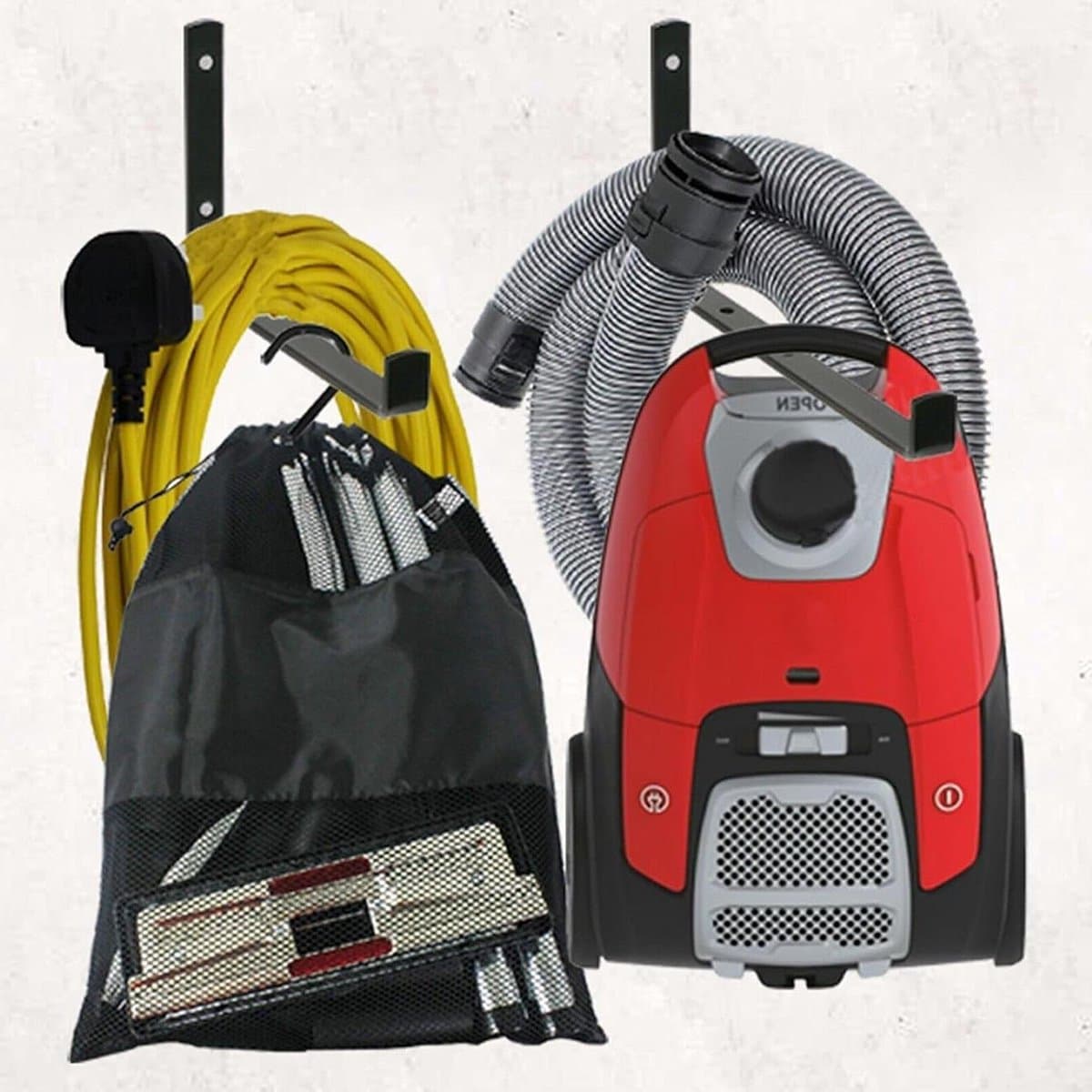Opbergrek Stofzuiger - Wandhouder Accessoires - Opbergen Stofzuiger - Heavy Duty Staal - 2 Beugels + Tas - Zwart — afbeelding 1