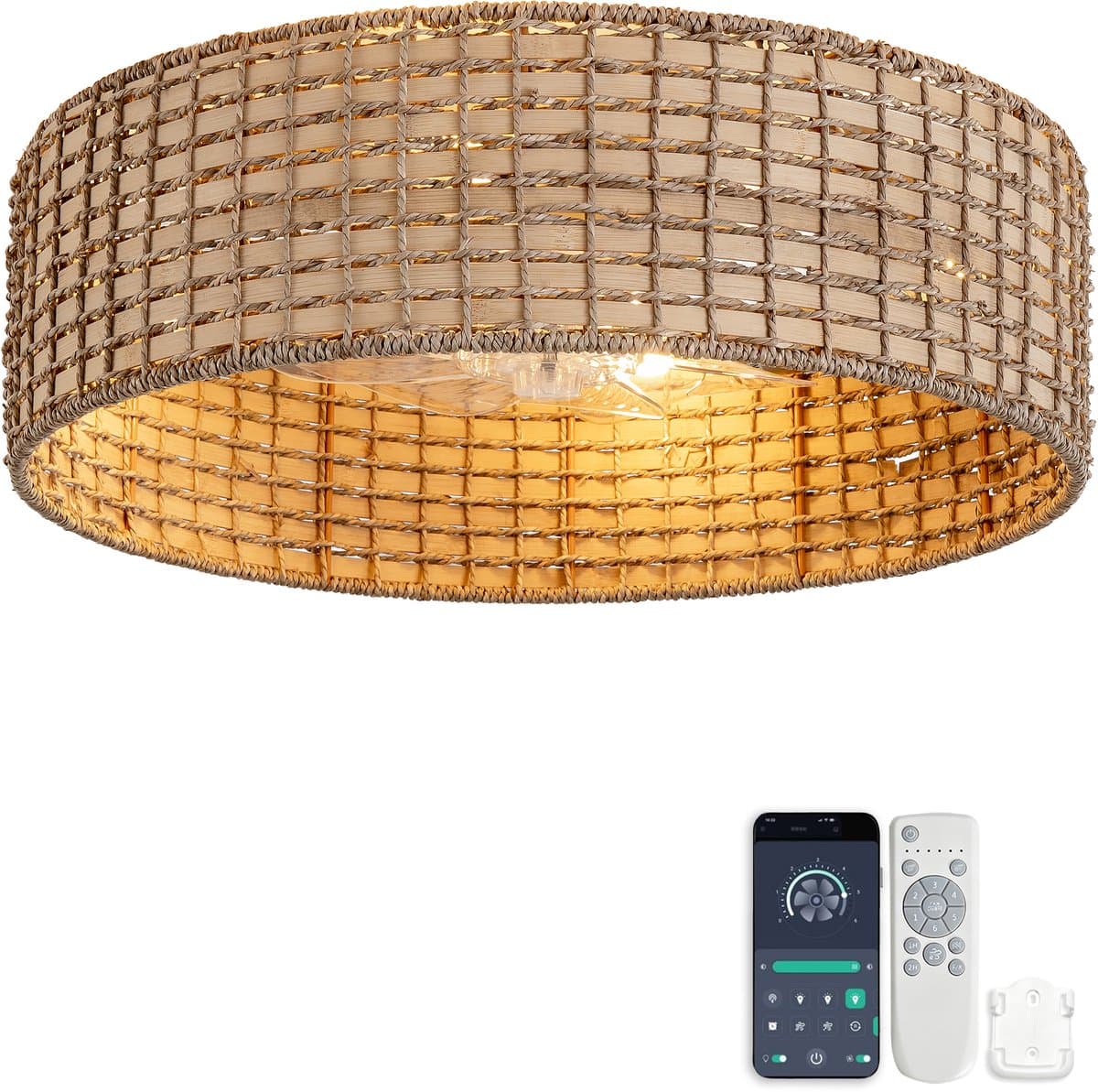 19 inch vierkant rotan plafondventilator met licht - App en afstandsbediening - 6 versnellingen omkeerbaar - ABS bladen - Japanse stijl - Geschikt voor lage plafonds — afbeelding 1