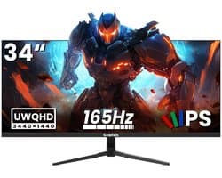 SnelShoppen - 34 Inch UltraWide Gaming Monitor met Speakers 165hz WQHD 3440x1440p | 21:9 IPS Scherm, FreeSync & G-Sync Compatibel, PIP/PBP, Dual HDMI