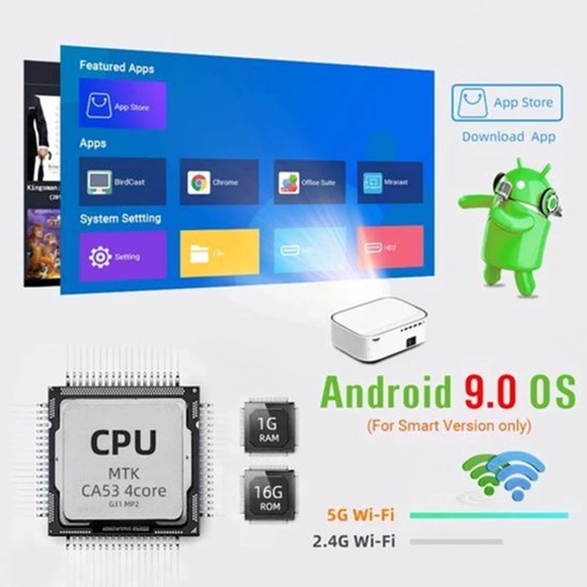 Byintek - K45 - Beamer - Projector Beamer - Mini Meamer - 4k - Full HD 1080P - 1920x1080dpi - Automatische focus - met WiFi - 950ANSI Lumens - Wit — afbeelding 1
