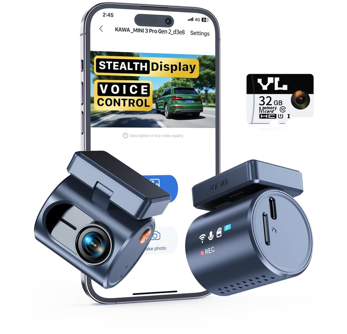 SnelShoppen - Dashcam Auto Vorne 2K1296P QHD met 32GB SD Kaart, Spraakcontrole, App-Control, WDR, Super Nachtsicht, G-Sensor, Supercondensator, 135° F — afbeelding 1