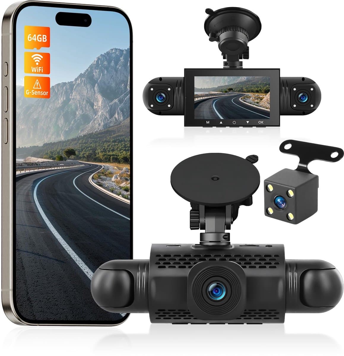 SnelShoppen - NHOPEEW 4-kanaals dashcam met 360° zicht - 3 inch 1080p auto dashcam met 4 camera's, loop-opname, G-sensoren, wifi-app, nachtzicht, 24-u — afbeelding 1