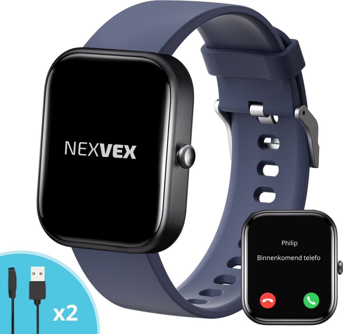 Nexvex® Deluxe Smartwatch voor Heren - Sporthorloge met Hartslagmeter - Bloeddrukmeter - Stappenteller - Sport Horloge met Belfunctie - Smart Watch Saturatiemeter - Zaklamp - Bluetooth Activity Tracker - Android/iOS - 2.0 Inch - Blauw — afbeelding 1