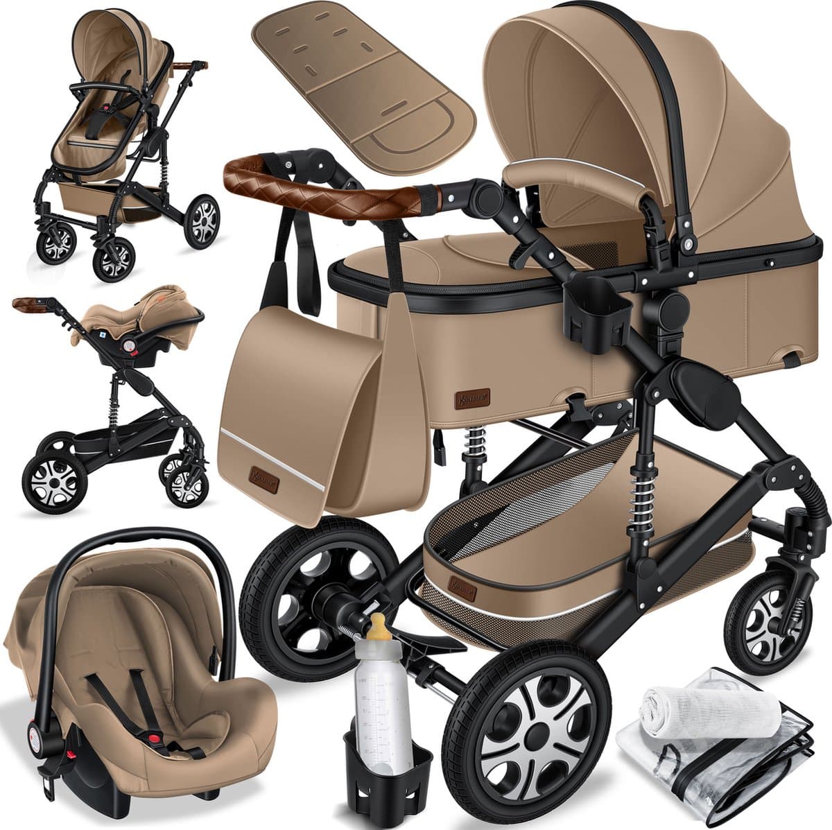 KESSER® Kinderwagen 3 in 1 Loops Wandelwagen Set incl. Autostoel & Reiswieg & Buggy Sportzitje - Massieve Rubberbanden - Luiertas / Regenhoes - Beige / Zwart — afbeelding 1