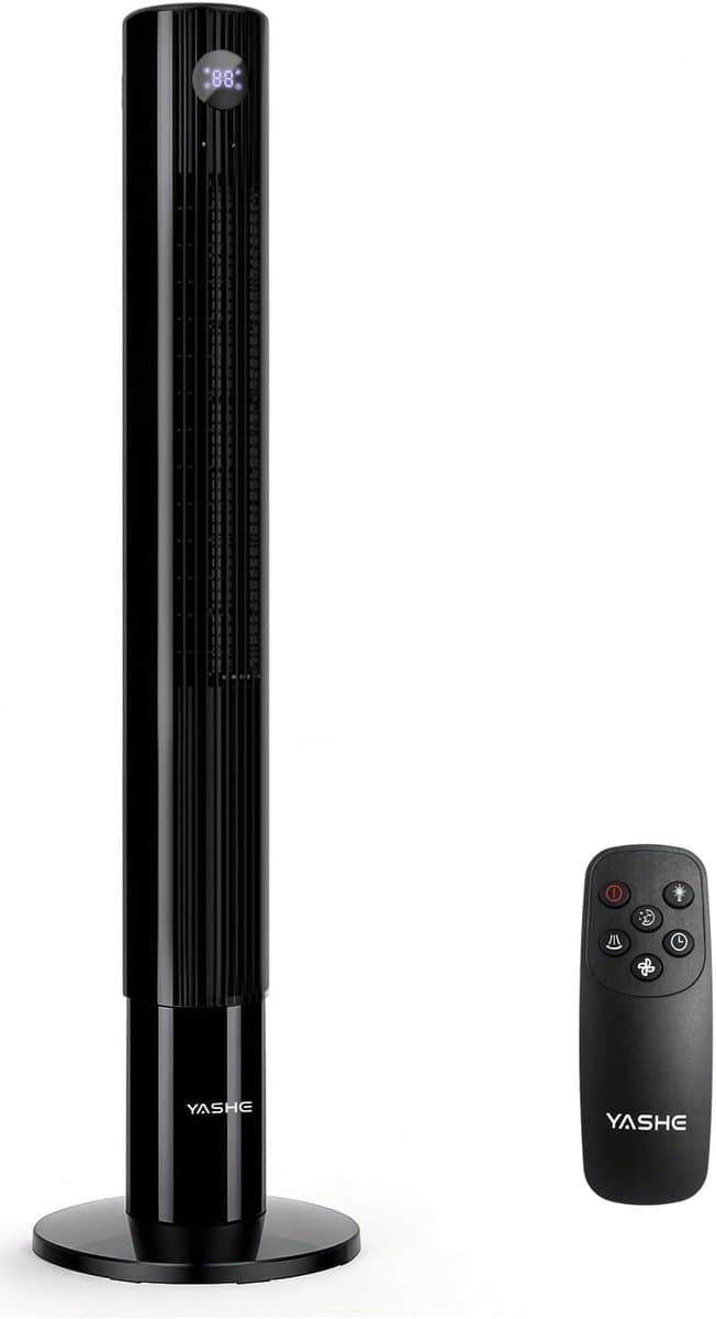 YASHE Torenventilator 110 cm - Stille ventilator vanaf 28 dB - 85 graden oscillatie - Afstandsbediening - 3 snelheden - 12-uurs timer - Led-display - Zwart — afbeelding 1