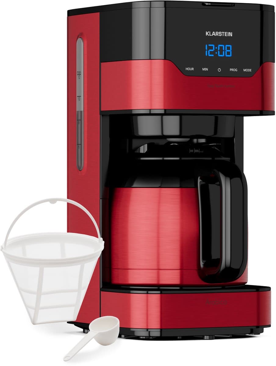 Klarstein Koffiemachine Arabica koffiezetapparaat - Filter - Met thermoskan - Voor gemalen koffie - Met EasyTouch Control - Watertank 1,2 liter - 12 kopjes - Rood - voor Keuken - RVS - Display - Coffee Machine - Koffieautomaat — afbeelding 1