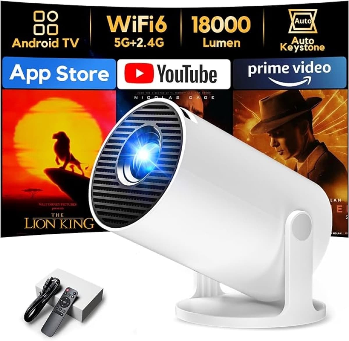 Mini Beamer met Android 11, 1080P Ondersteuning, WiFi 6, Bluetooth 5.2 en 180° Draaibare Projectie - Draagbare Smart Projector voor Thuis en Onderweg — afbeelding 1