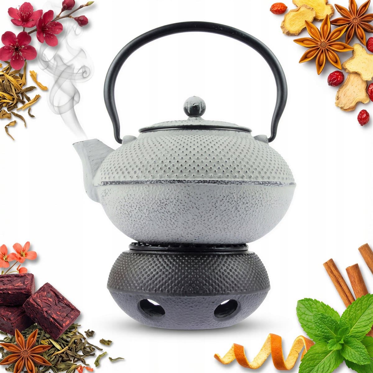 Gietijzeren theepot 1.5L met brander en RVS zeef - Zwart/Grijs — afbeelding 1