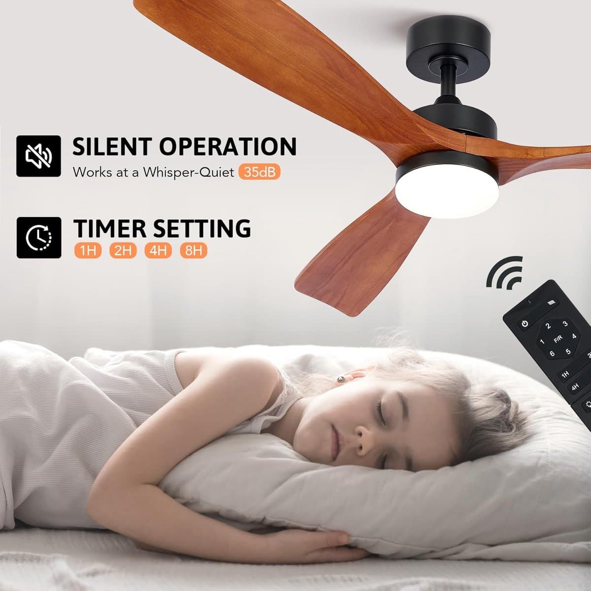 Plafondventilator met afstandsbediening - 132 cm Houten Ventilator met LED en Stille DC-motor voor Binnen en Buiten — afbeelding 1