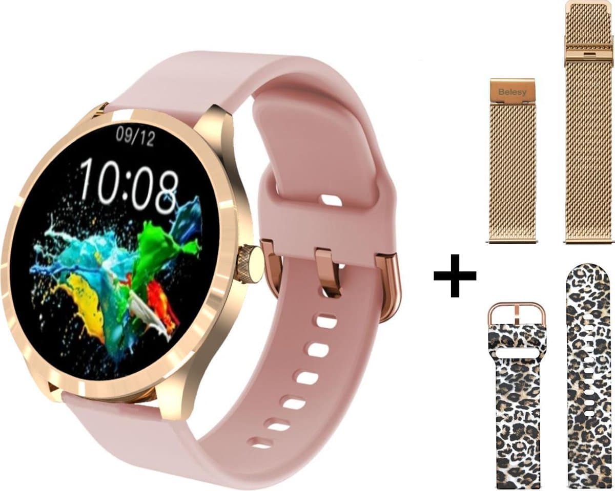 Belesy® BQSiRgPk Pro - Smartwatch Dames – Smartwatch Heren - Horloge - 1.28 inch - Kleurenscherm - Stappenteller - Bloeddruk - Hartslag - 75+ Wijzerplaten – Sporten – Goud – Siliconen – Roze – 2 extra polsbanden - Cadeau - Kerstcadeau — afbeelding 1