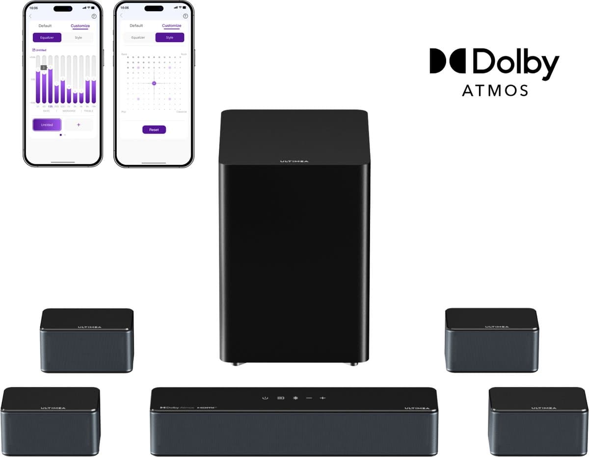 ULTIMEA Poseidon D80 Boom - 7.1 Soundbar voor tv - met Dolby Atmos Soundbar - Draadloze Subwoofer & 4 Surround Speakers - Zwart — afbeelding 1