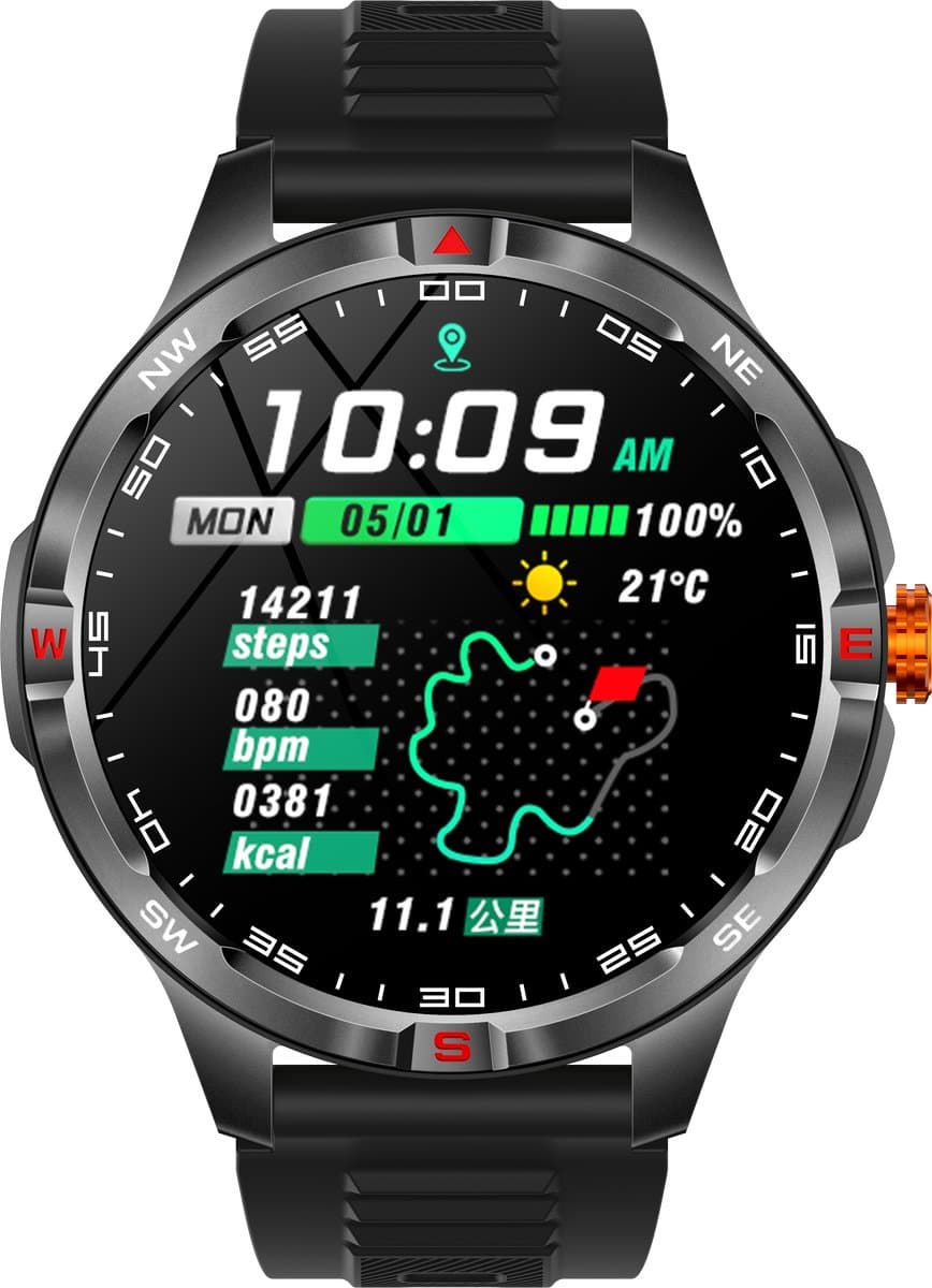 Knobbout 1.46” Sport Smartwatch met Extra Lange Batterijduur – 1000mAh - LED-zaklamp & kompas - AI Spraakassistent - Bluetooth Bellen - 100+ Sportmodi, IP68 Waterdicht -Zwart Silicone — afbeelding 1
