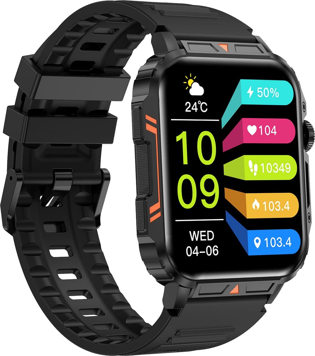 Knobbout 1.95” Smartwatch – Bluetooth Bellen - Hartslag - Bloeddruk & SpO₂-meting - AI Spraakassistent- Bluetooth 5.2 - 340mAh batterij - Zwart staal+silicone band — afbeelding 1