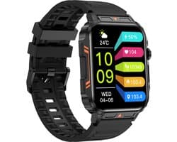 Knobbout 1.95” Smartwatch – Bluetooth Bellen - Hartslag - Bloeddruk & SpO₂-meting - AI Spraakassistent- Bluetooth 5.2 - 340mAh batterij - Zwart staal+silicone band