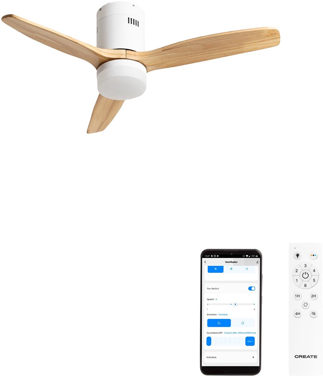 CREATE - Plafondventilator 40W silent 100% hout - S - Met licht - WIFI - WIND CALM NATURAL WOOD — afbeelding 1