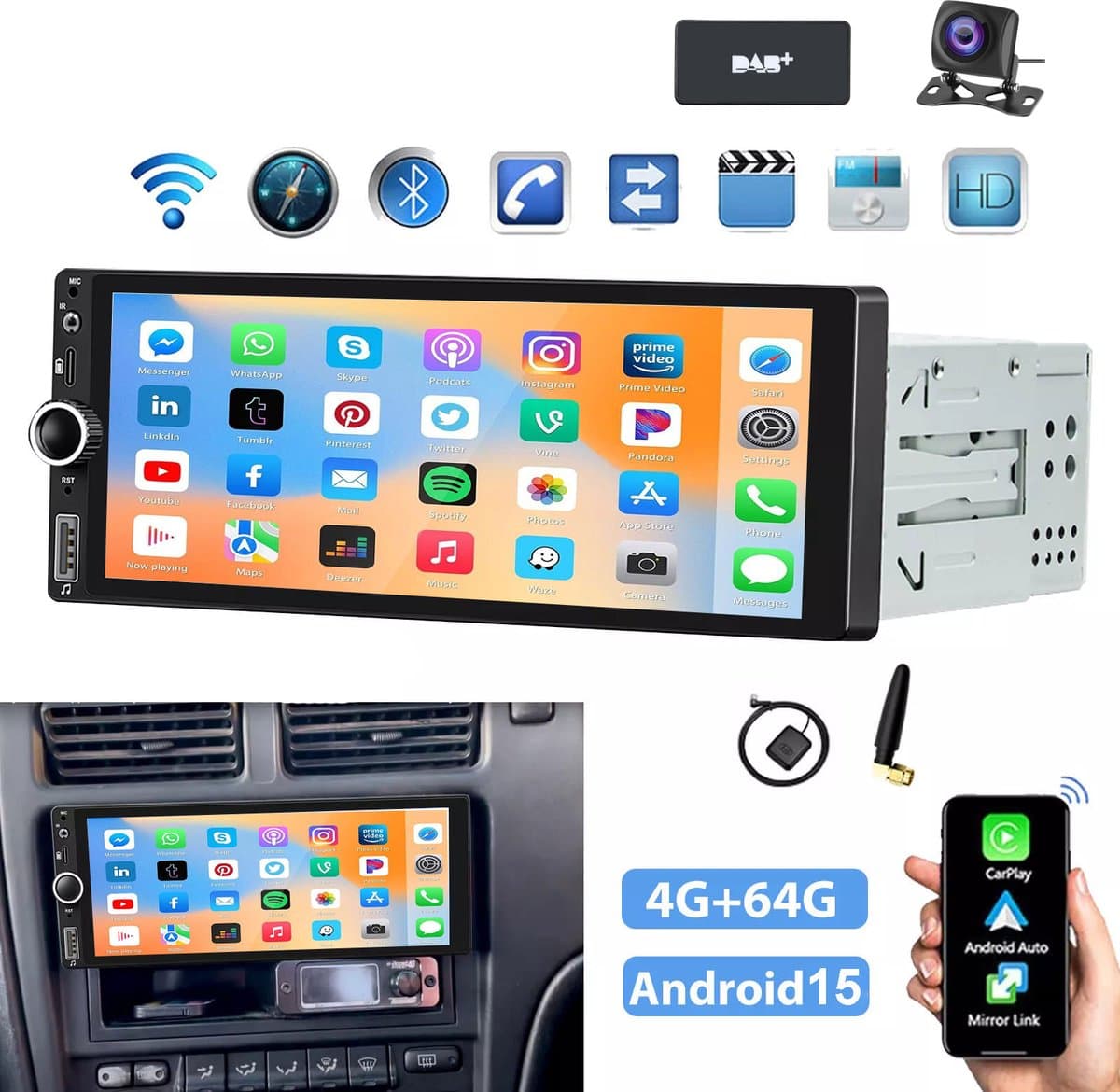 ESSGOO Universele 1Din Autoradio met Bluetooth - DAB+ - Draadloze Apple Carplay en Android Auto - 6,86 inch Touchscreen - USB, Aux, FM-Radio, RDS, MP5 - Handsfree bellen - Android 15 4 + 64GB -Achteruitrijcamera — afbeelding 1
