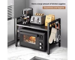 Deliqa magnetronrek organisator - zwart - uitschuifbaar - 42 - 64 cm - organizer - opbergrek - 20 kg draagvermogen - voor oven / magnetron / airfryers