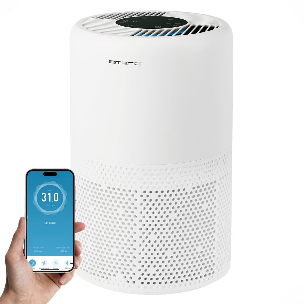 Emerio Luchtreiniger - 25m² - 52dB - HEPA 13 + Koolstof Filter - Ionisatie Functie - Luchtkwalititeitsindicator - met App - Timer Functie - Helpt tegen allergie & hooikoorts - AP-132324 Wit — afbeelding 1