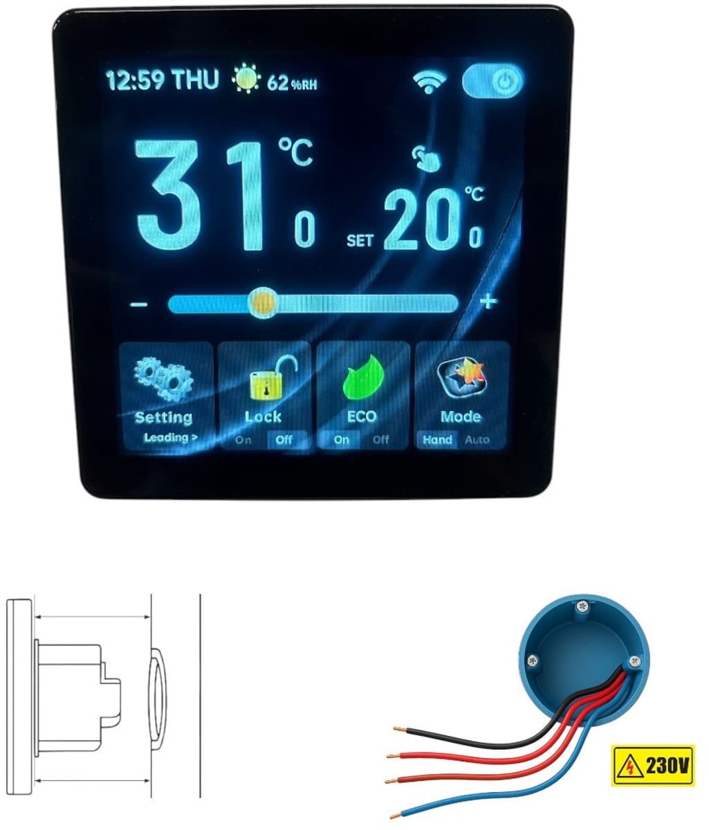 Inbouw Thermostaat | Wifi | Touchscreen bediening | App bediening | Inbouwmontage | CV installatie | Tuya Smart Life | Zwart — afbeelding 1