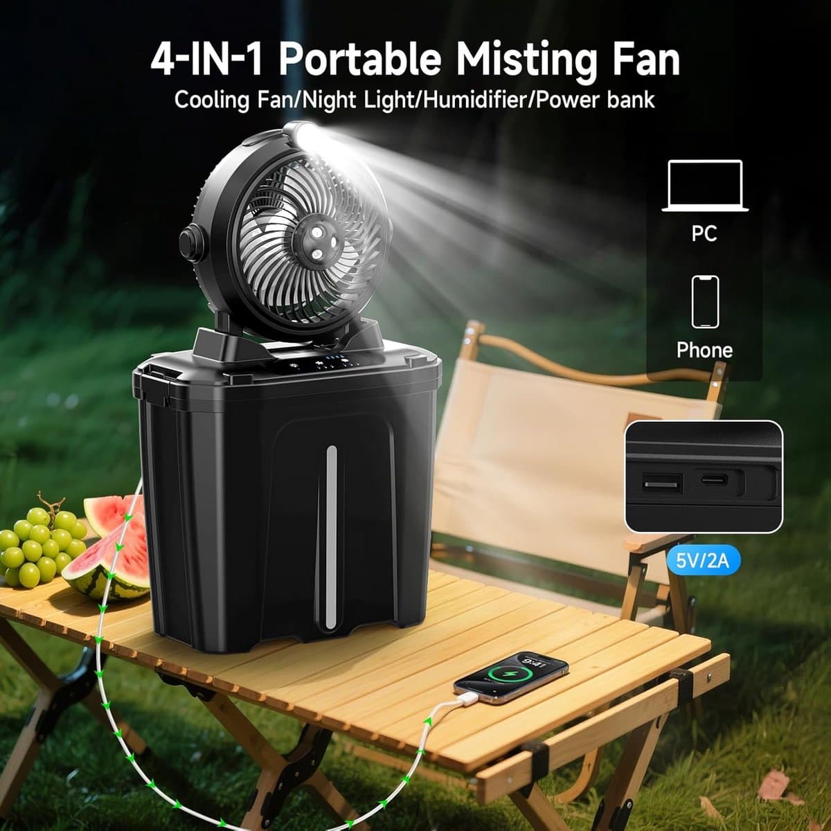 Draagbare Ventilator met Verkoelende Verstuiving en LED Verlichting - Oplaadbaar 20.000 mAh — afbeelding 1