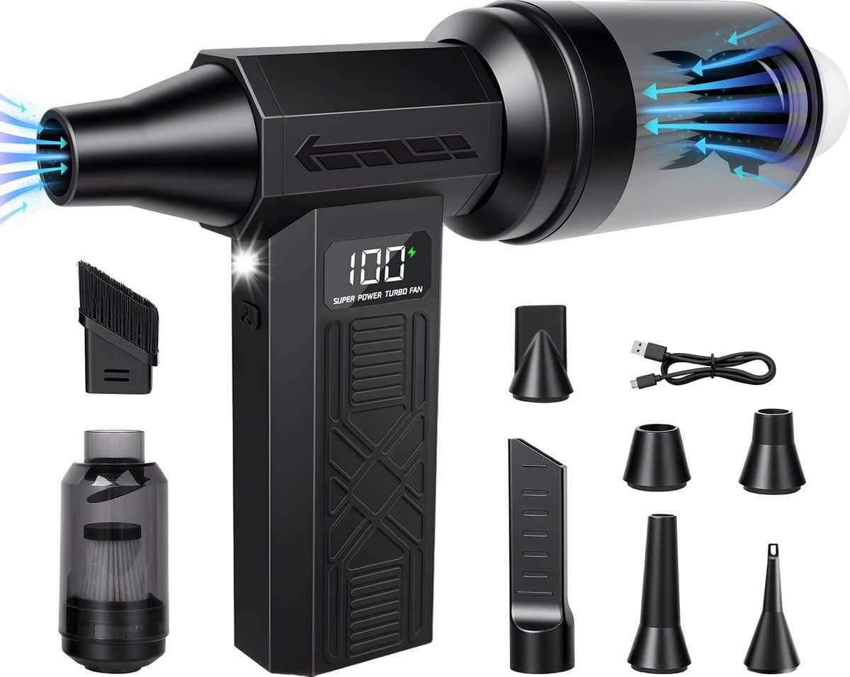 2-in-1 Elektrische Luchtblazer en Mini Stofzuiger - Draadloze Air Duster met 8000mAh Accu - 4 Vermogensstanden - LED Display en Werklicht - Computer Reinigingsset met 5 Mondstukken en Stofreservoir - USB-C Oplaadbaar — afbeelding 1