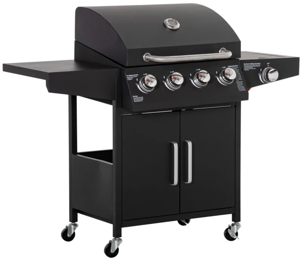 Gasbarbecue - Gasbarbecue en grill - 4 Branders - Verrijdbare Barbecuewagen - met Grillrooster, 4 Wielen, Bijzettafels, Drukregelaar, Slangen, Hermometer en Warmhoudplaten - Zwart — afbeelding 1