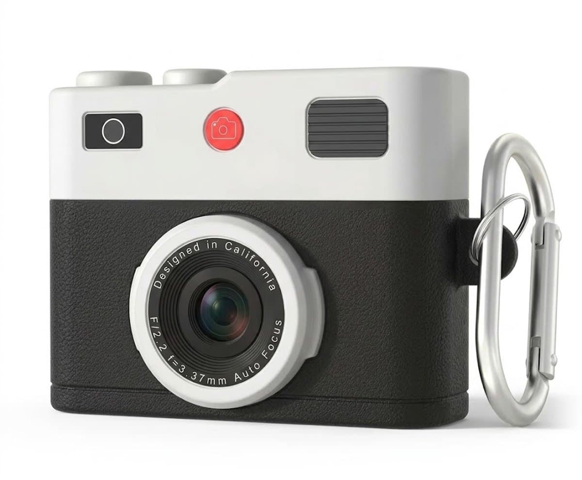 Zwart wit hoesje voor oordopjes unisex in retro camera vorm met karabijnhaak geschikt voor AirPods Pro 3 met reliëf details en compact ontwerp — afbeelding 1