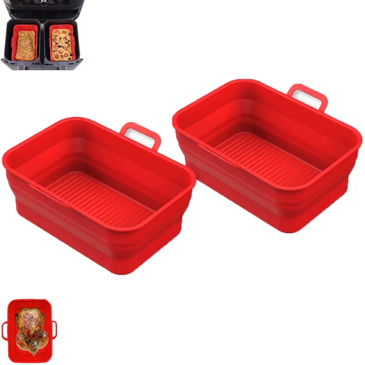 2 stuks - Rechthoekige airfryermand - Opvouwbare siliconen frituurplaat - Rood - Siliconen binnenpan voor airfryer - Rechthoekige siliconen mand — afbeelding 1