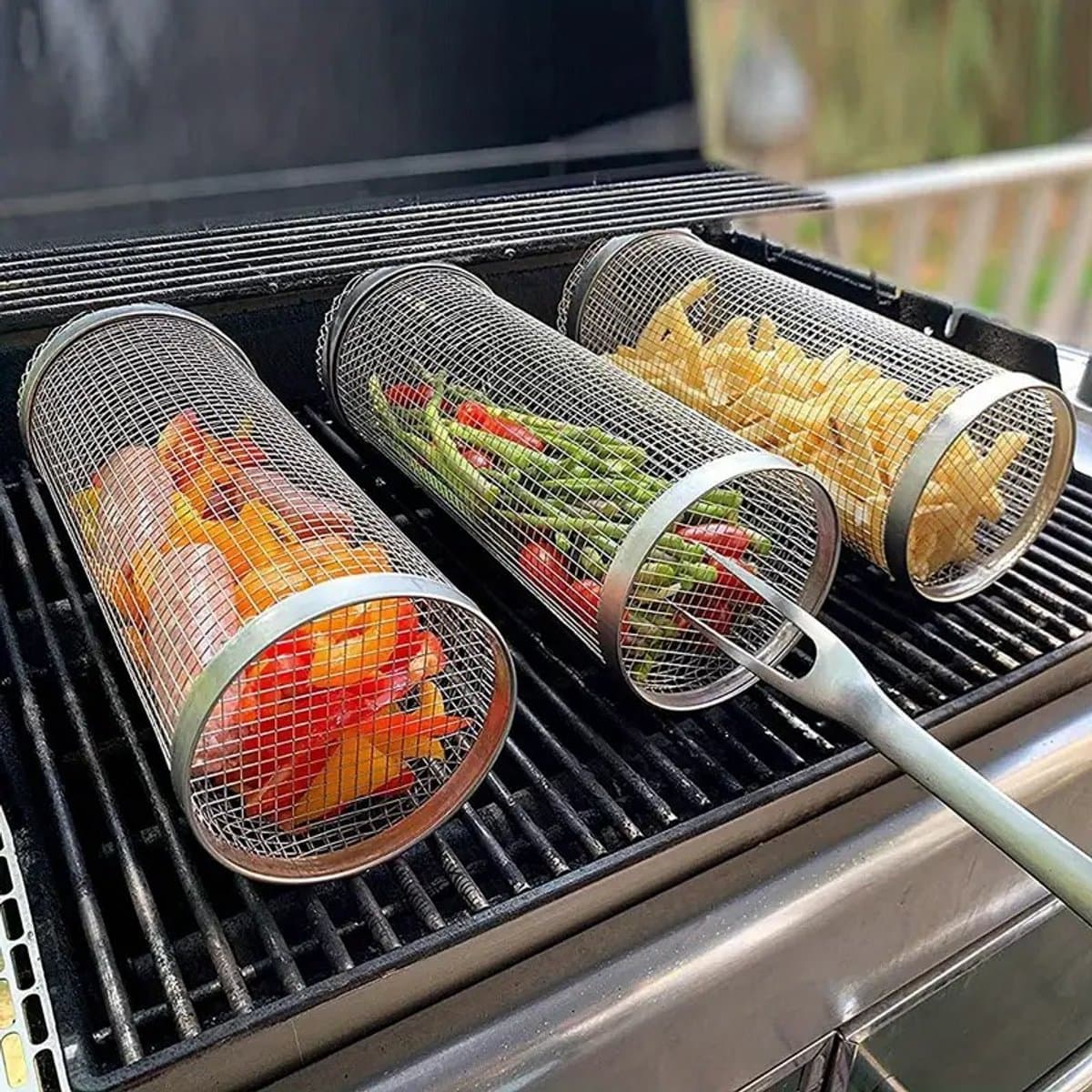 K&R Ventures® Rollende Grillmand – 30 cm RVS BBQ Grillkooi – Met Vork & Haak – Barbecue Accessoire voor Groenten, Vlees, Vis – Camping & Kamperen — afbeelding 1