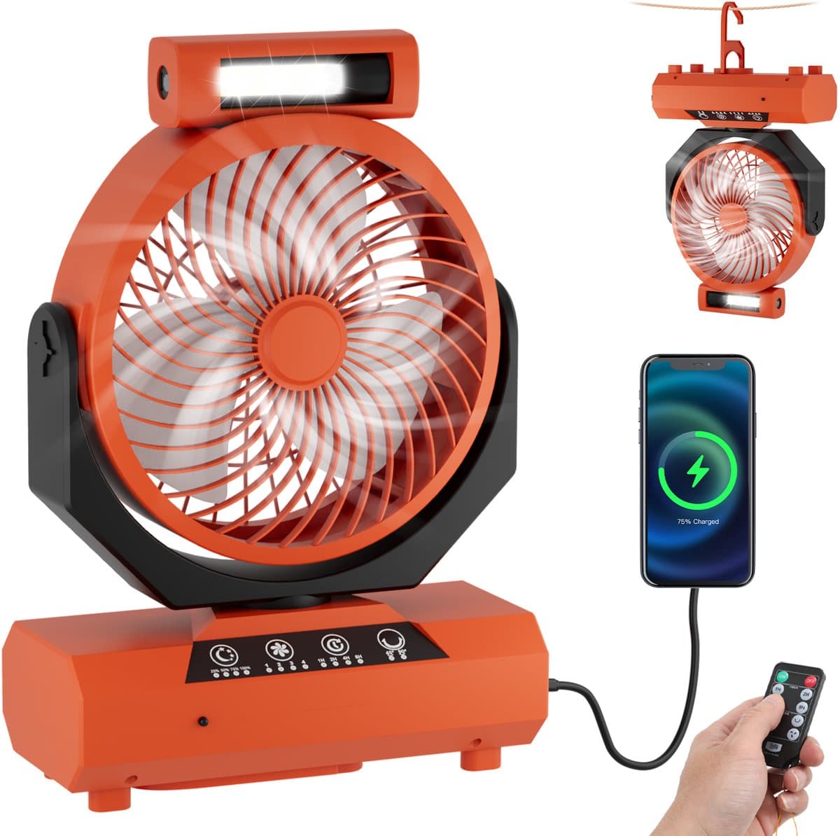 Campingventilator met LED-licht en powerbank - Ventilator - 20000 mAh - Mini Ventilator - Tafelventilator - Kleine Ventilator - Draagbare Ventilator - Handventilator - LED Verlichting & Powerbank - USB Oplaadbaar - Met afstandsbediening - Oranje — afbeelding 1