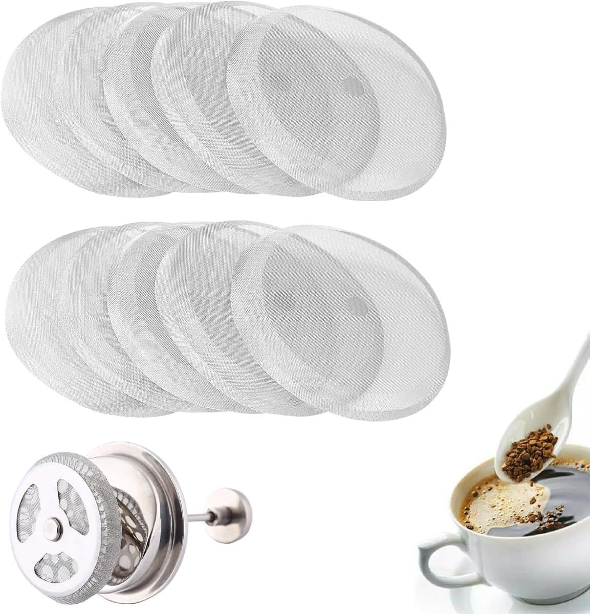 10 stuks Vervangende Filterzeefjes voor French Press Koffiezetapparaat - Herbruikbare RVS Zeefjes — afbeelding 1