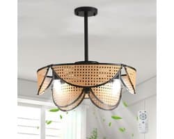 LuxiLamps - Rotan Plafondventilator - 4 Lampen - Bedienbaar Met Afstandsbediening & APP - 6 Standen - Zwart - 50 cm - Moderne Bamboe Ventilator