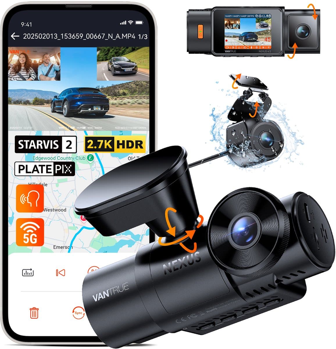 Vantrue N4S 3-kanaals dashcam (voor, binnen, achter), 2.7K+1440P+1440P WiFi-dashcam met PlatePix™, STARVIS 2 x HDR x IR-nachtzicht, spraakbediening, GPS, 24/7 parkeermodus, LTE-ondersteuning, ondersteunt tot 1TB max. — afbeelding 1