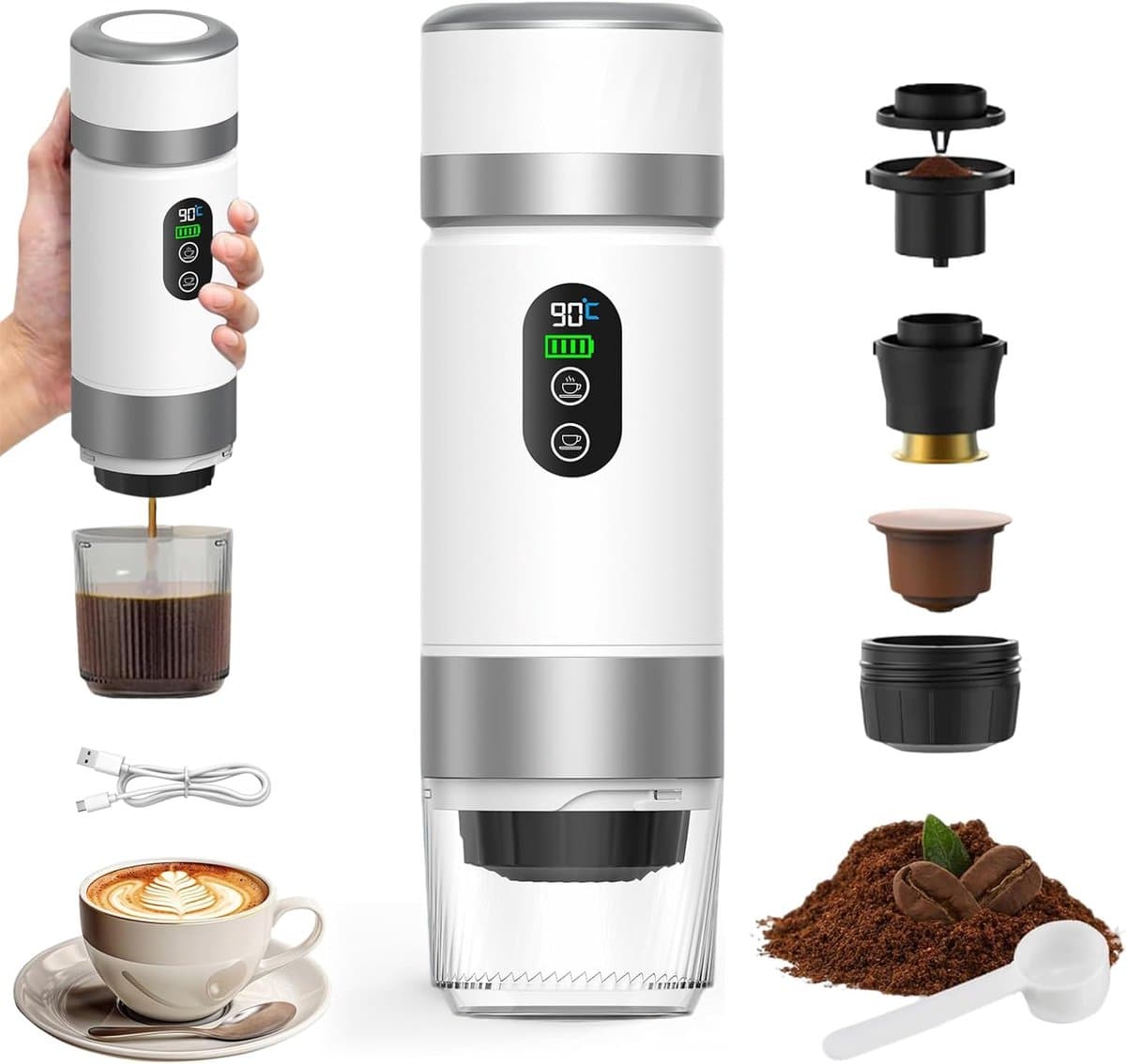 Draagbare koffiemachine,-de nieuwste upgrade van de derde generatie-3-in-1 elektrische espressomachine-12V oplaadbare espressomachine-voor kantoor-reizen-thuis- compatibel met espresso-capsules en gemalen koffie — afbeelding 1