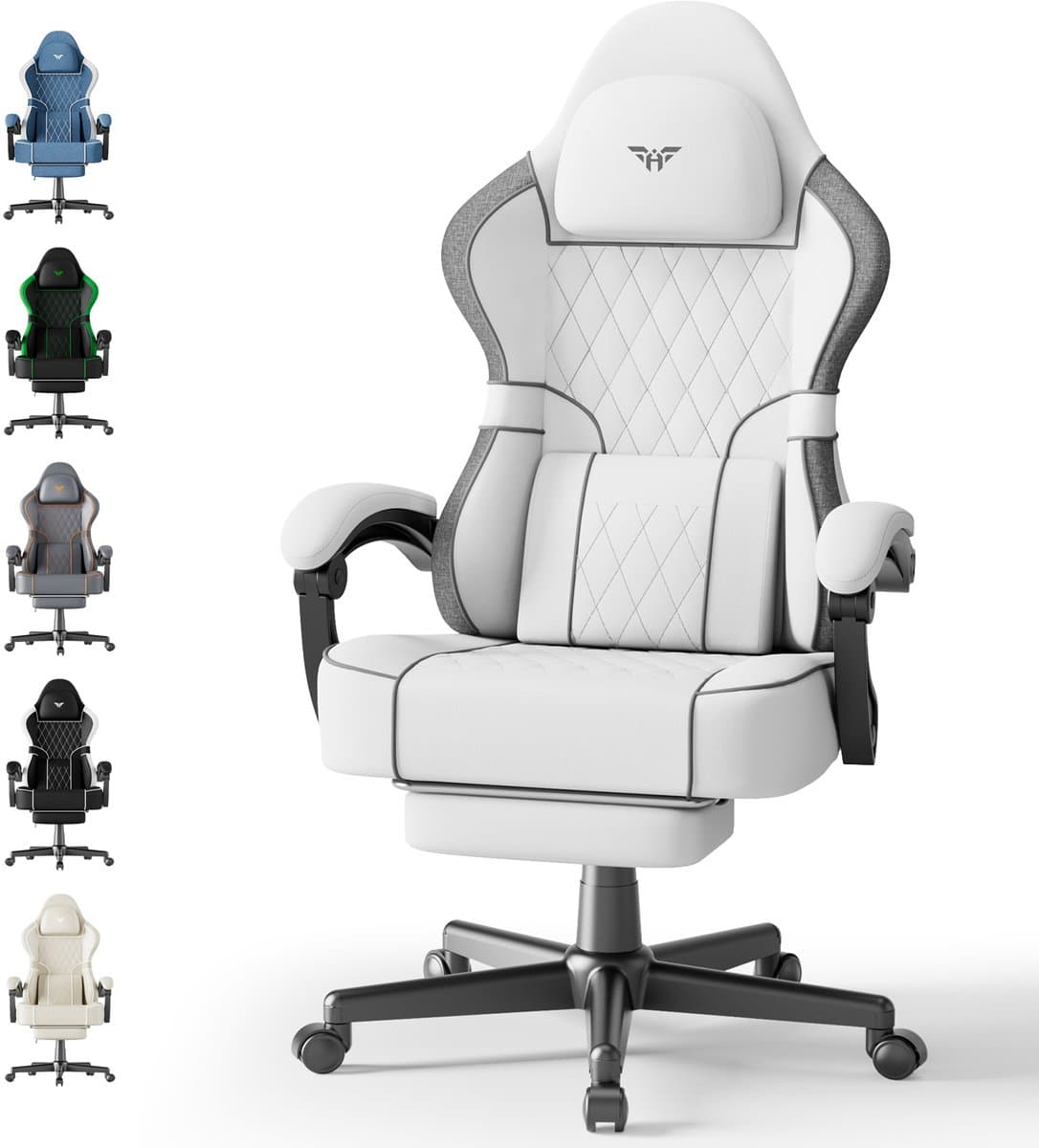 Soontrans-Wit-Gaming Stoel-met Inklapbare Voetensteun-Gamestoel Verstelbaar Rugleuning-Ergonomische Gaming Chair-als Bureaustoel-Uitgerust Met Hoofdsteun en Lendensteun-Katoen-Linnen Mix-Computerstoel Gaming-Voor Volwassenen en Jongeren — afbeelding 1